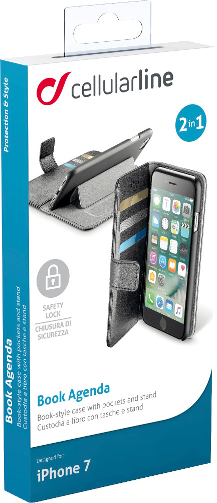 Boîte de protection Cellularline Book Agenda iPhone 7 blanche, avec images du téléphone et de l'étui.