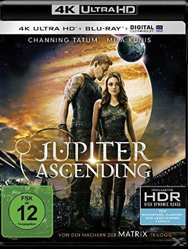 DVD-Cover für 'Jupiter Ascending'. Zeigt Channing Tatum und Mila Kunis mit einem Planeten.