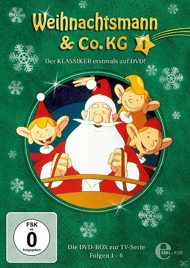 DVD-Cover eines Zeichentrickfilms. Text: Weihnachtsmann & Co. KG, Weihnachtsmann und Elfen auf grünem Hintergrund.