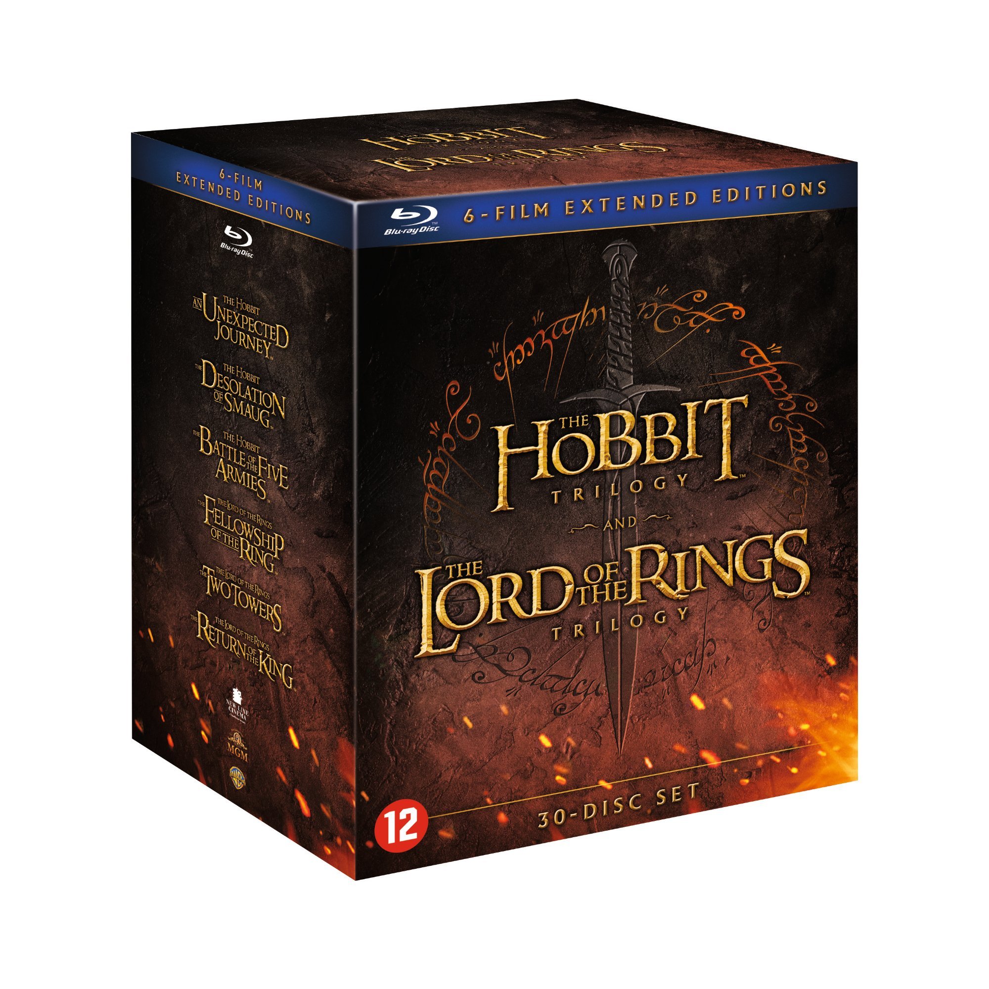 Coffret des films 'Le Hobbit' et la trilogie 'Le Seigneur des Anneaux' en format Blu-ray.