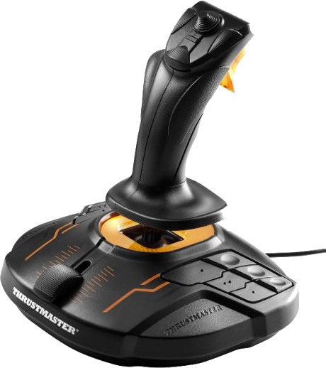Black and orange joystick with Thrustmaster logo.