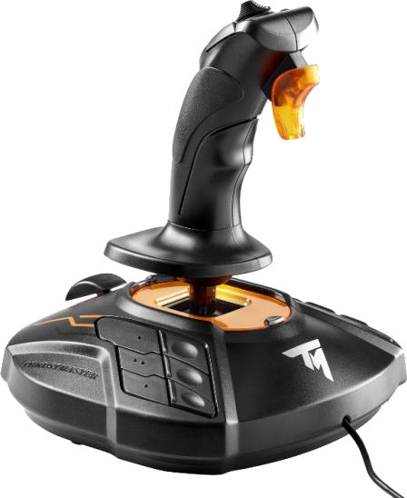 Black and orange joystick with buttons and a trigger, white background.