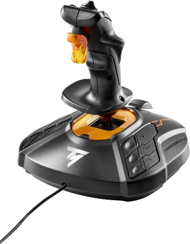 Black and orange joystick. It has buttons and a trigger. Black base. White background.