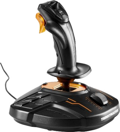 Black and orange joystick controller with a base, a handle, and a trigger.
