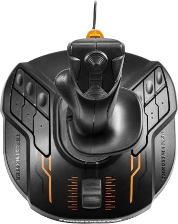 A black and orange joystick, designed for gaming or flight simulation, with various buttons and controls.