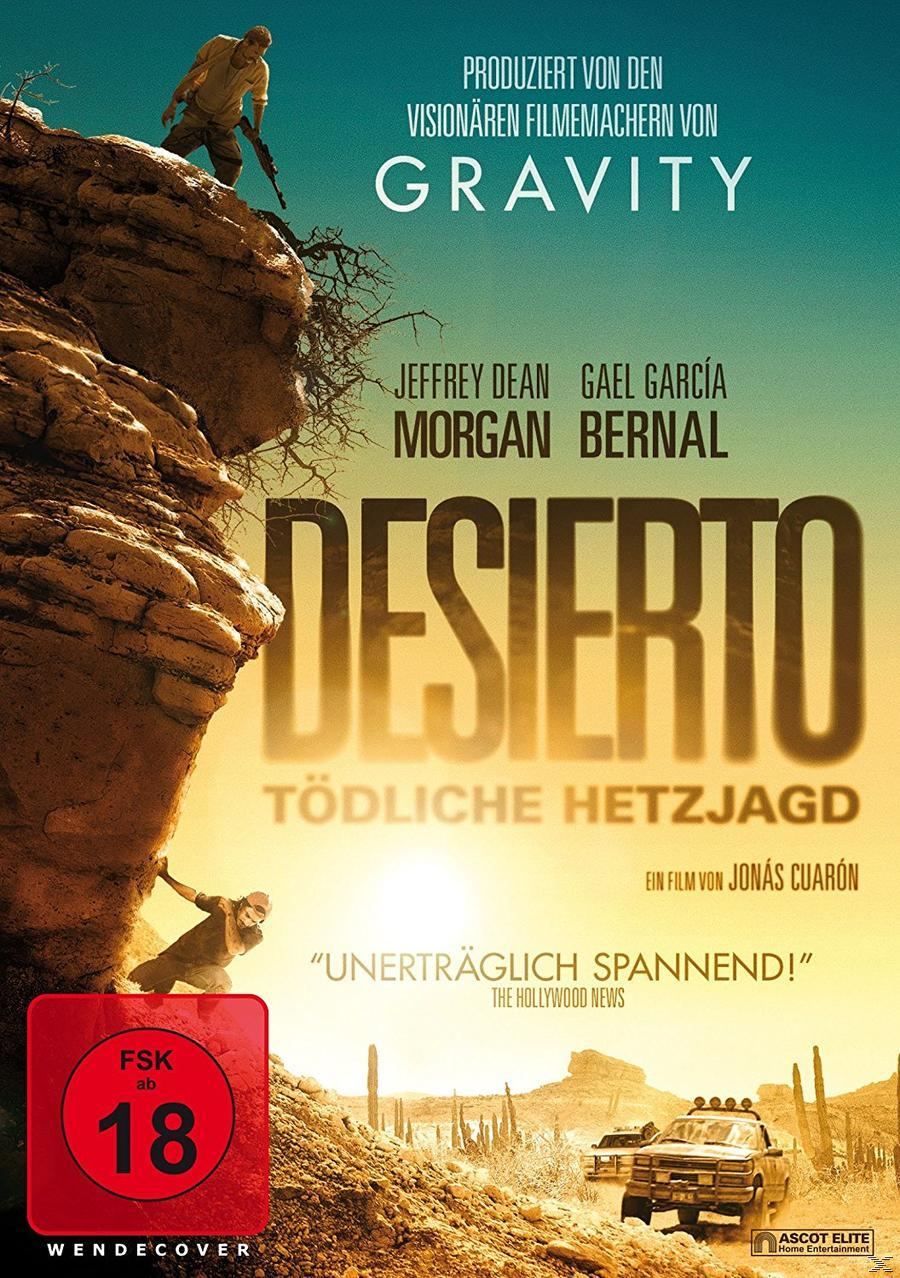 Filmposter. Zwei Männer auf einer Klippe, der Titel 'DESIERTO' und ein Auto im Hintergrund.