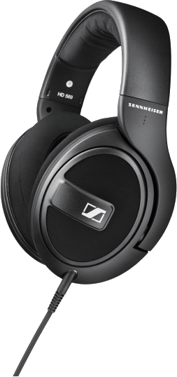 Zwarte Sennheiser koptelefoon. Tekst: Sennheiser, HD 569.