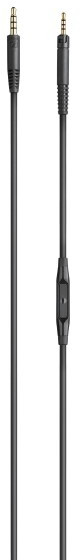 Zwarte audiokabel met twee 3,5 mm-aansluitingen en een volumeregeling.