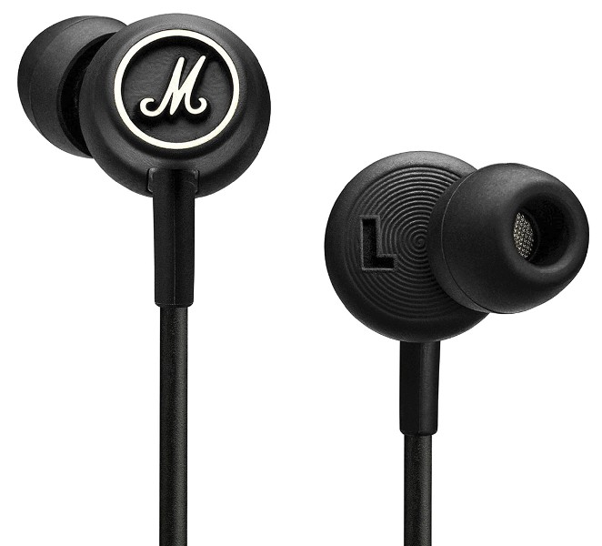 Auriculares Marshall negros con logo 'M' blanco. El auricular izquierdo muestra 'L'. Cable negro.