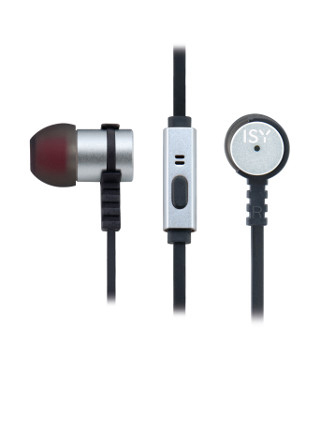 Auricolari con cavi neri e un controllo argentato. Gli auricolari sono rossi, con il logo ISY.