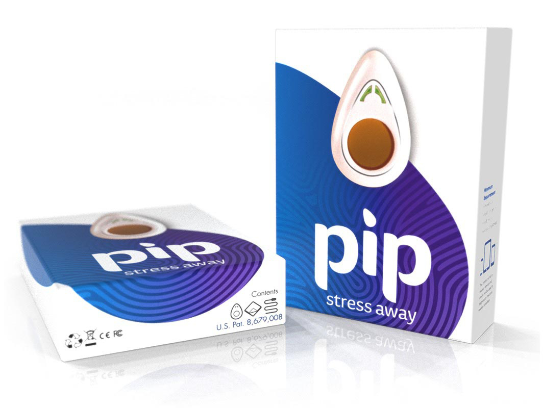 Zwei Schachteln für ein 'pip stress away'-Gerät. Die Schachteln sind weiß mit blauen und lila Akzenten.