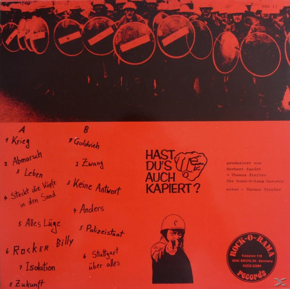 Rotes Albumcover. Schwarzer Text und Bilder. Bilder von Riot-Polizei und einer Faust. Deutsch.