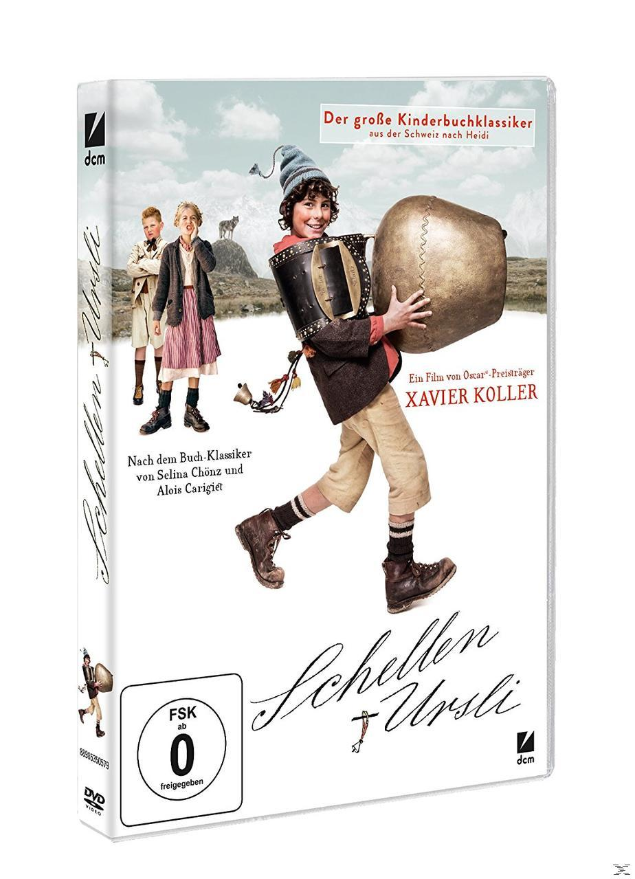 DVD-Cover des Films Schellen-Ursli. Ein Junge trägt eine Glocke. Schneebedeckte Berge.