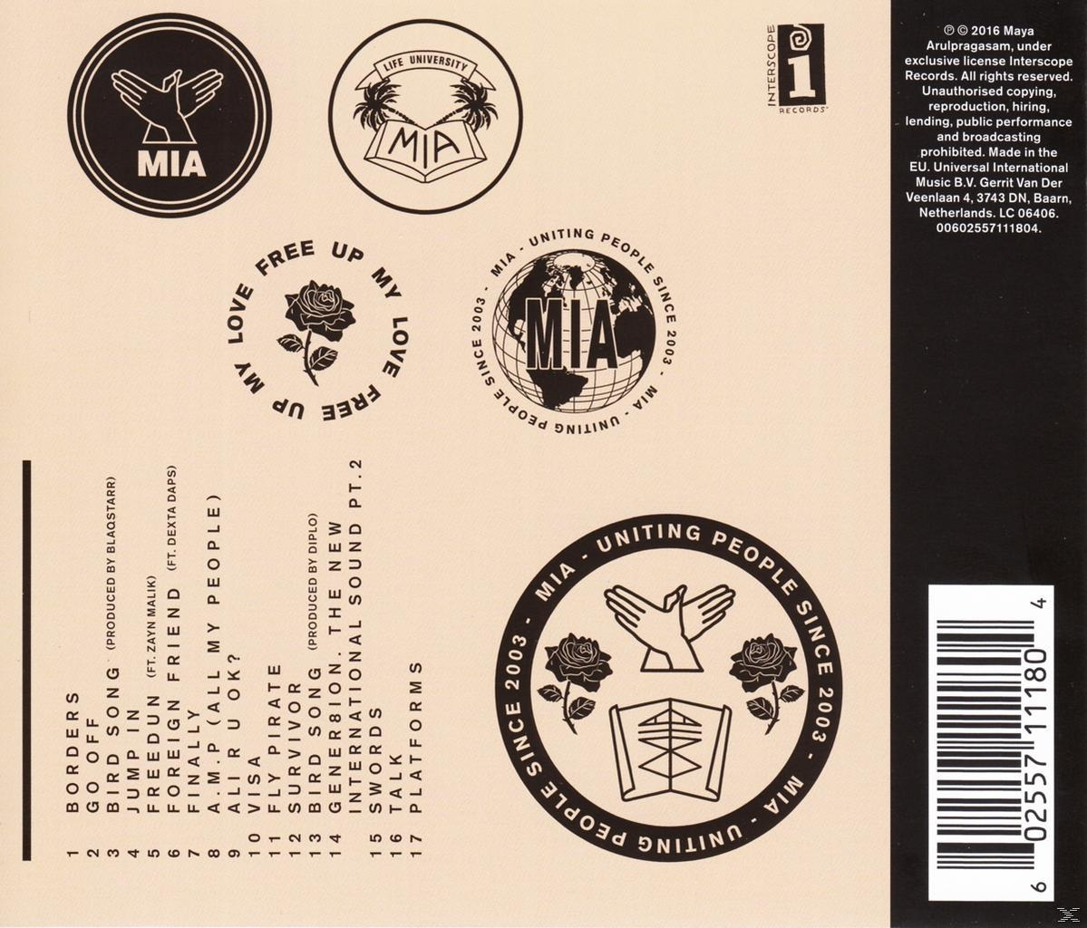 Albumcover mit mehreren Logos und einer Titelliste. Der Titel "MIA" ist prominent mit einer Rosenillustration.