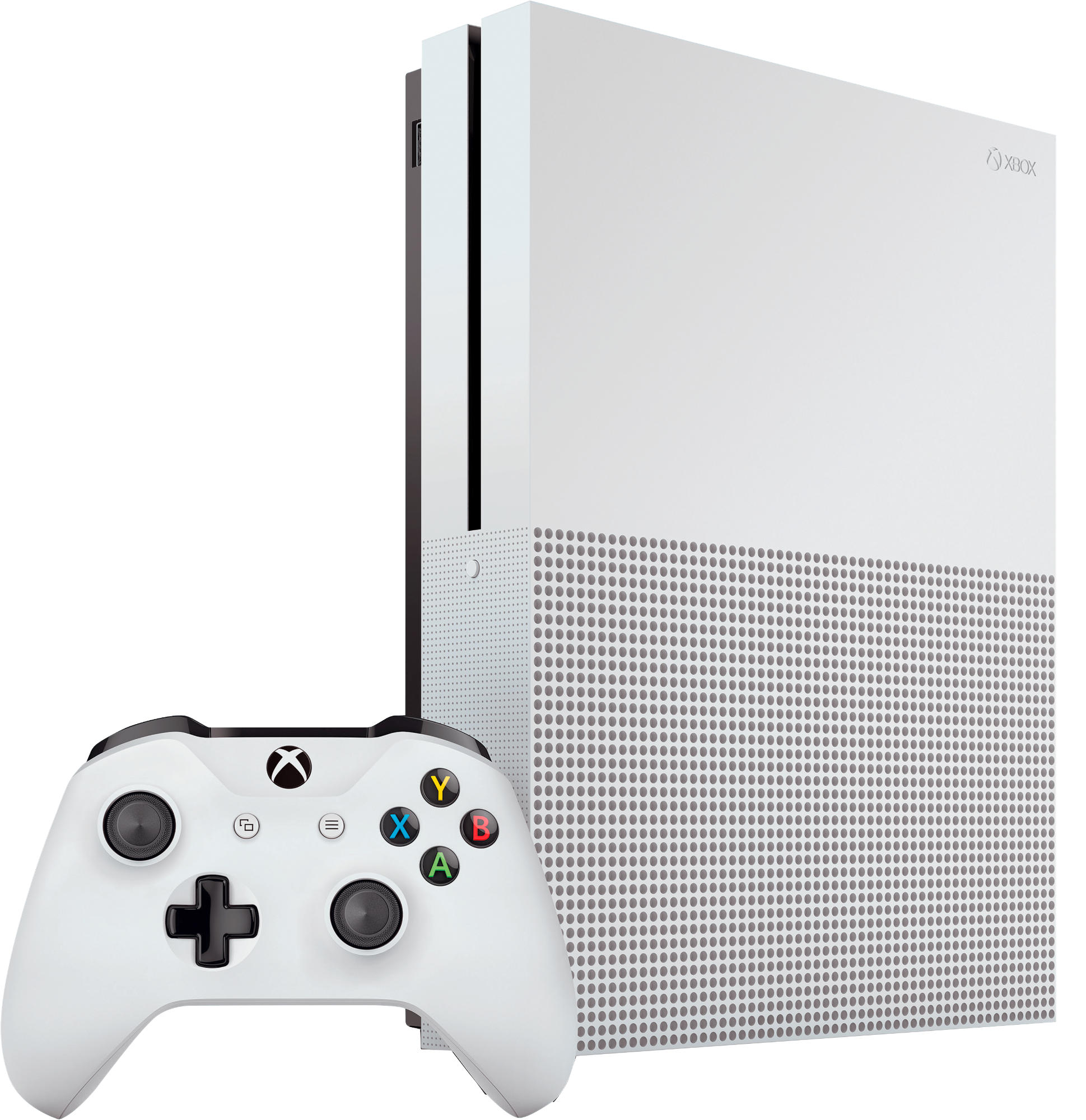 Consola y mando blancos de Xbox One S. La consola está en posición vertical. El mando tiene botones y un joystick.
