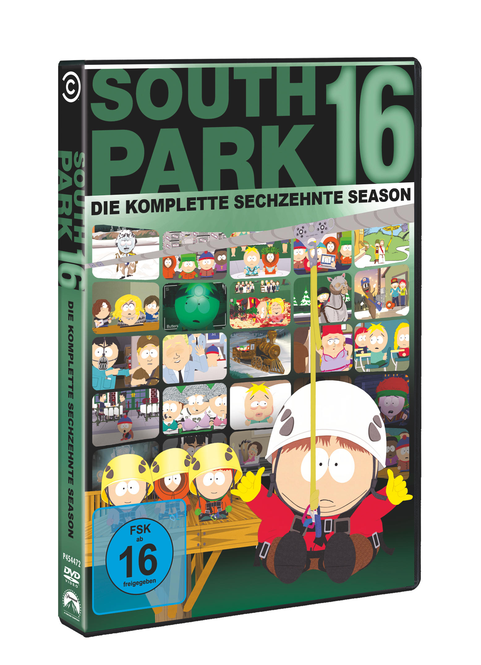 South Park Staffel 16 DVD-Box mit Charakteren, Szenen und Bewertungssiegel.