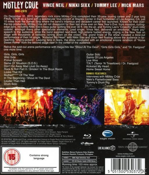 DVD-Cover mit Motley Crue, Bandmitgliedern, Konzertfotos und Text.
