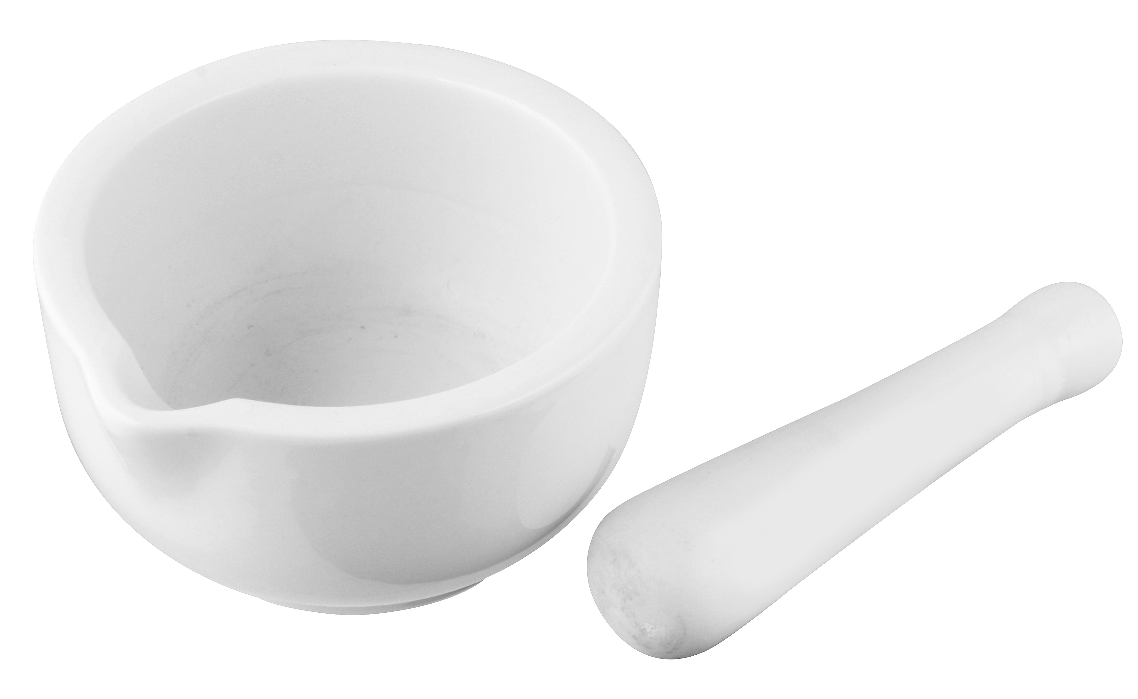 Weißer Mörser und Stößel. Mörser ist schalenförmig mit Ausguss. Stößel ist ein weißer, zylindrischer Stab.