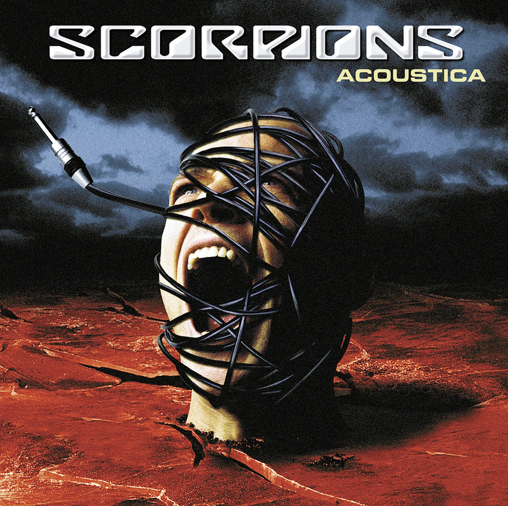 Albumcover. Das Gesicht eines Mannes ist mit schwarzen Kabeln umwickelt, darüber steht SCORPIONS, darunter ACOUSTICA.