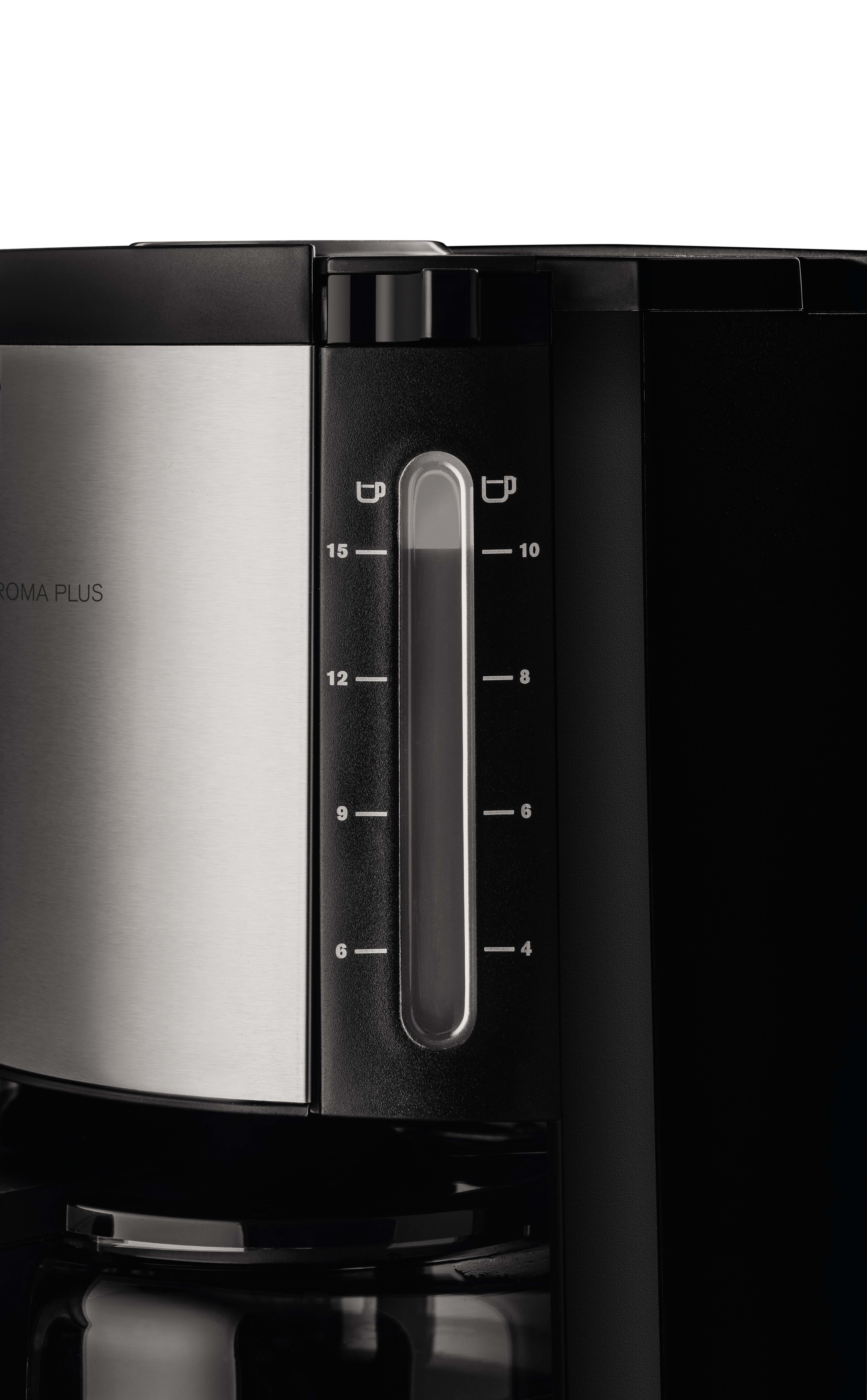 Coffee machine side view with water level indicator, silver and black.