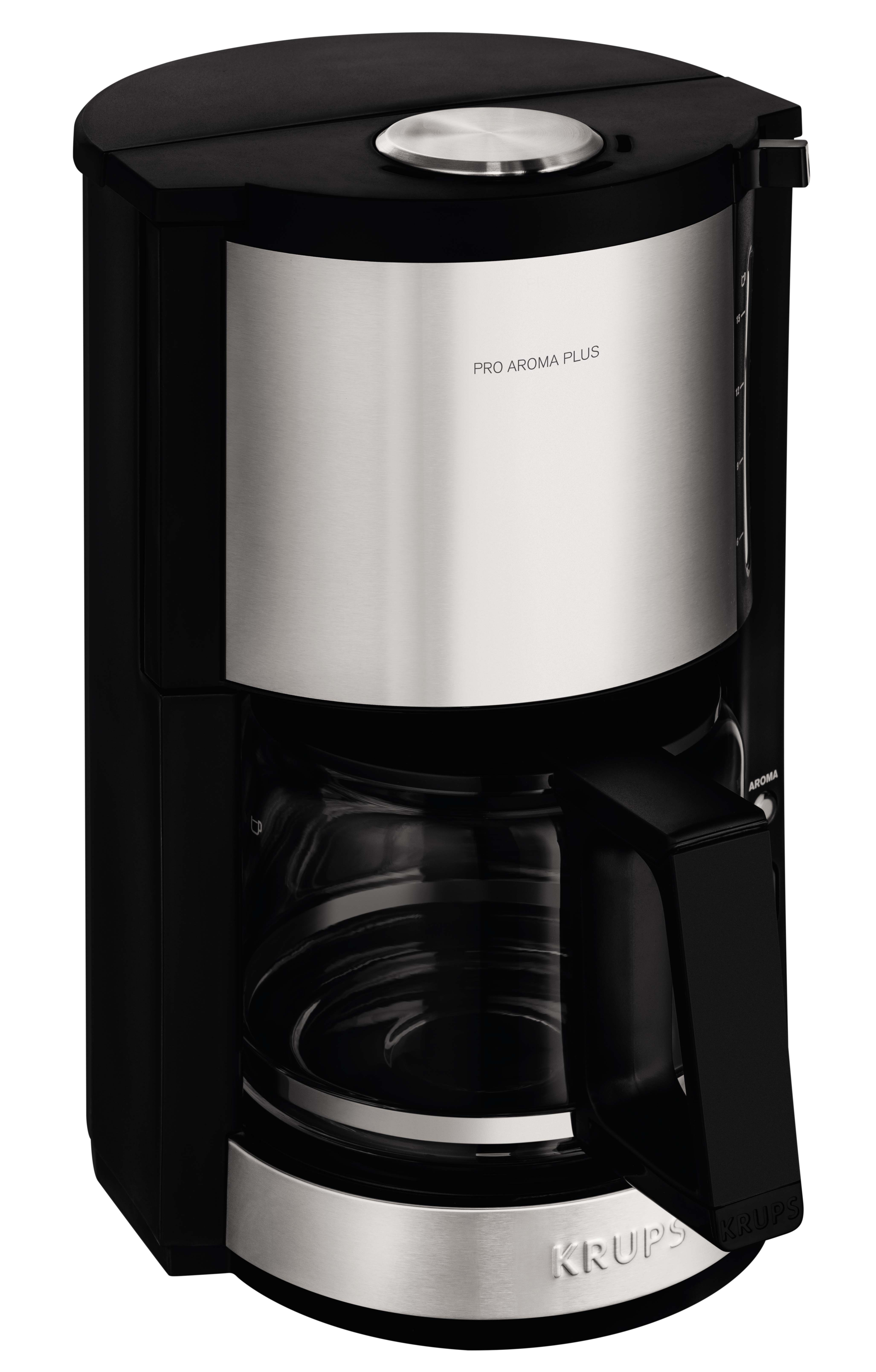 A black and silver coffee maker with a glass carafe and the Krups brand logo.