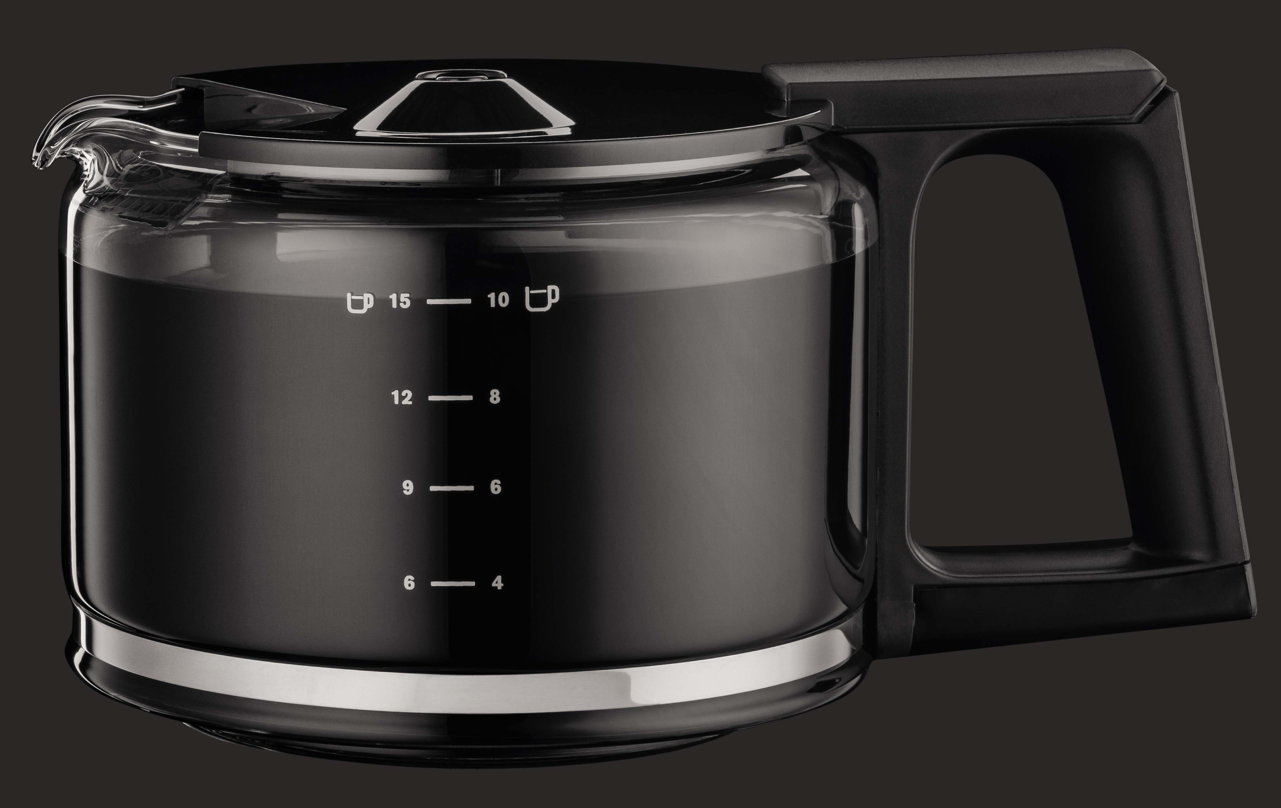 A black coffee pot with a handle and measurement markings on a dark gray background.