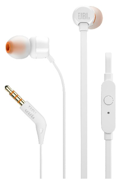 Auriculares de botón - JBL T110, De botón, Con cable, Micrófono, Pure Bass JBL, Blanco