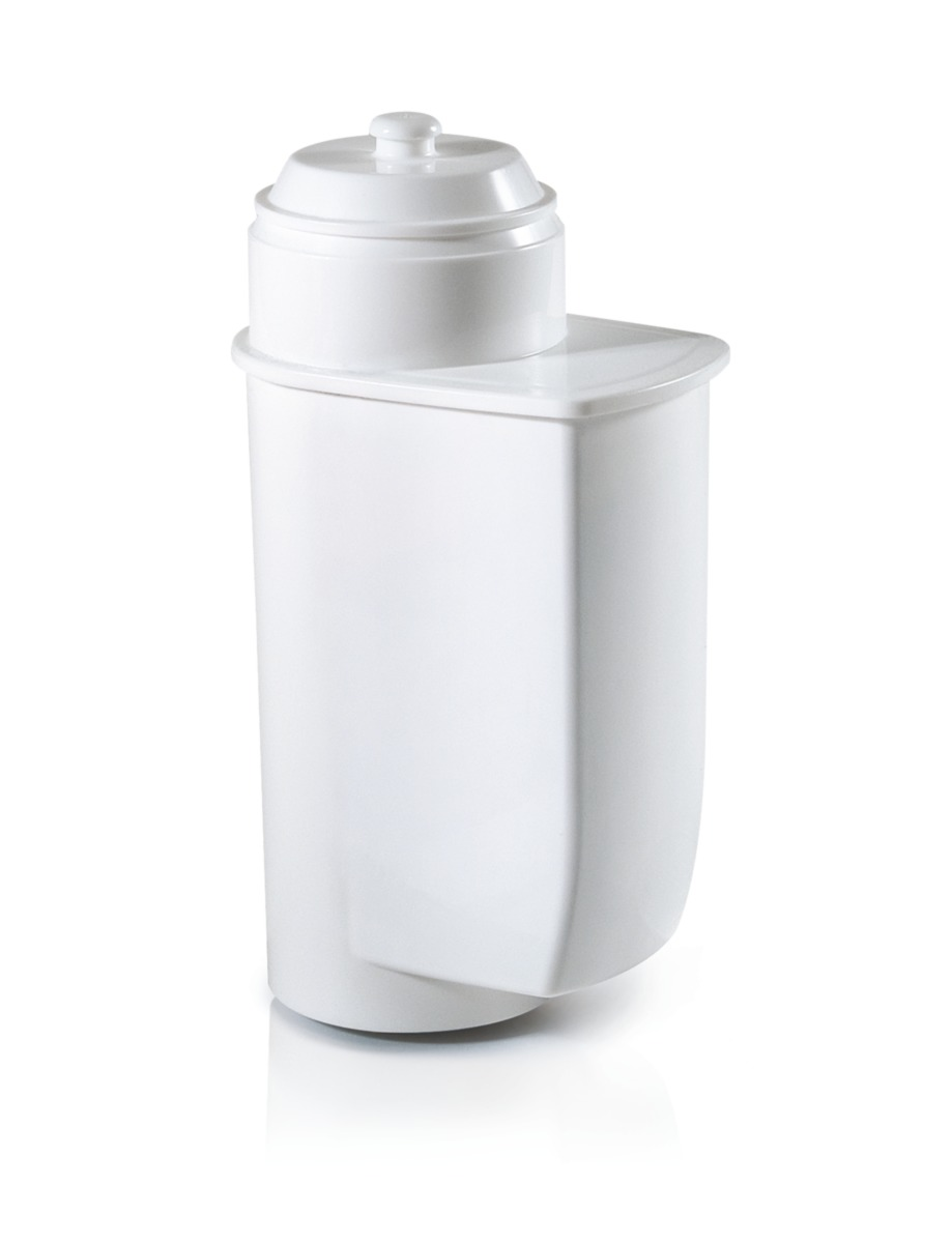 White water filter. Tall, cylindrical shape with a top. White background, well lit.