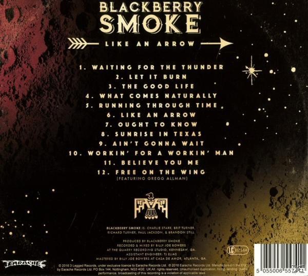 CD-Cover mit Titelliste und Bandlogo. Der Hintergrund ist dunkel mit Pfeil und Text.