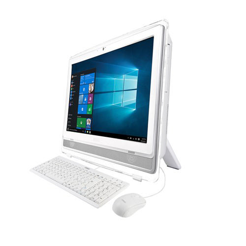 Beyaz hepsi bir arada masaüstü bilgisayar, klavye, fare ve Windows ekranı ile, beyaz zemin üzerinde.