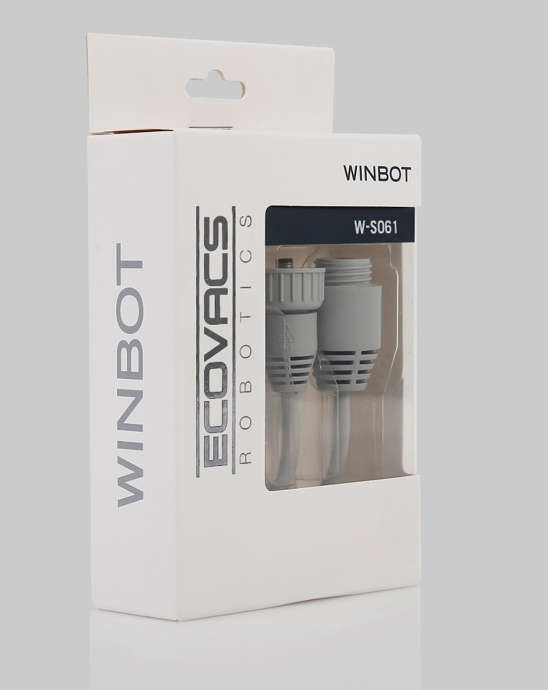 Weiße Box mit Winbot- und Ecovacs-Logos und einem transparenten Fenster mit grauen Schläuchen.