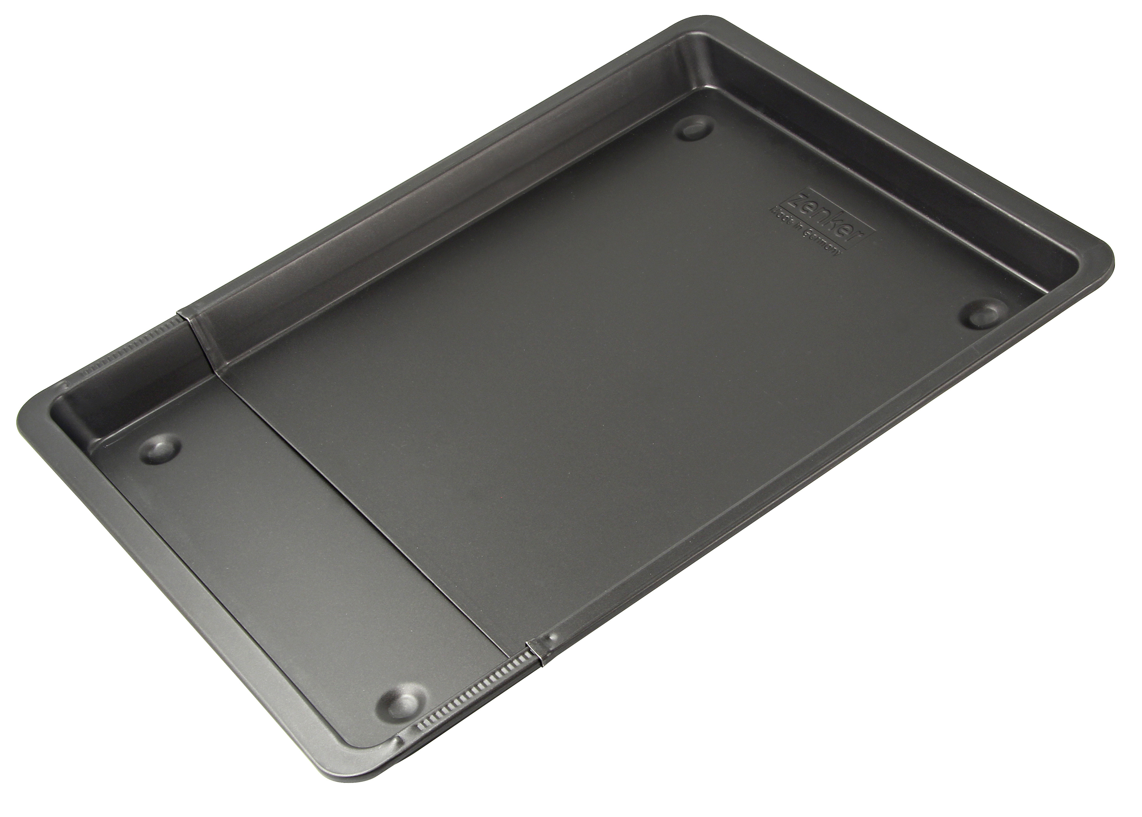 Metall-Backform. Rechteckig, grau, mit ausklappbarem Abschnitt. Weißer Hintergrund.