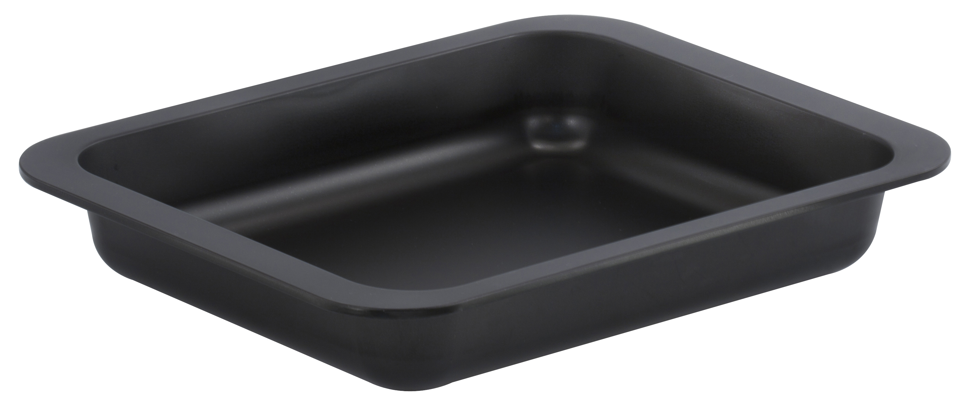 Ein schwarzes, rechteckiges Backblech vor weißem Hintergrund. Es hat eine glatte, matte Oberfläche.