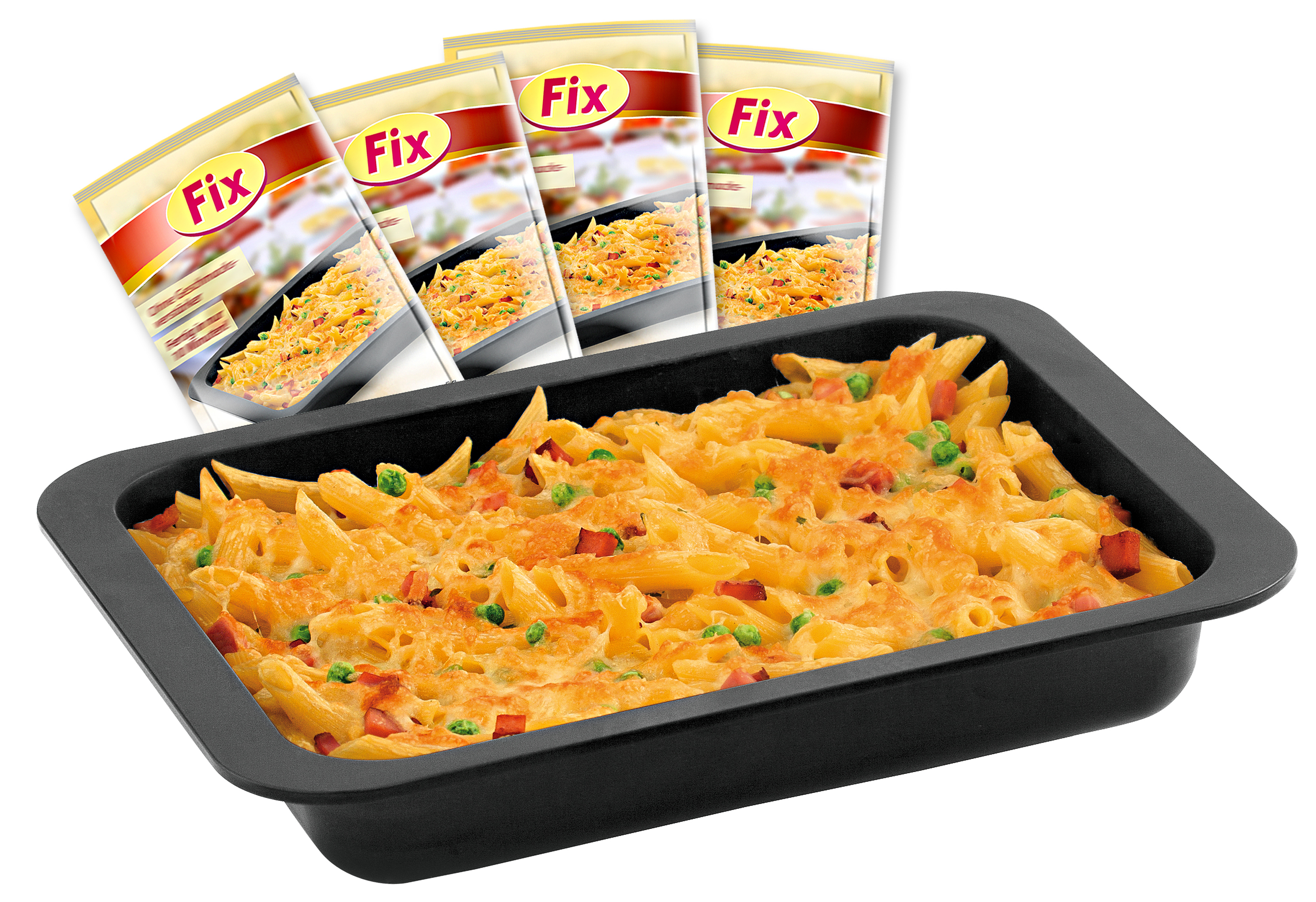 Auflauf in schwarzer Form mit Erbsen, Schinken und Käse, mit 'Fix'-Packungsbildern im Hintergrund.