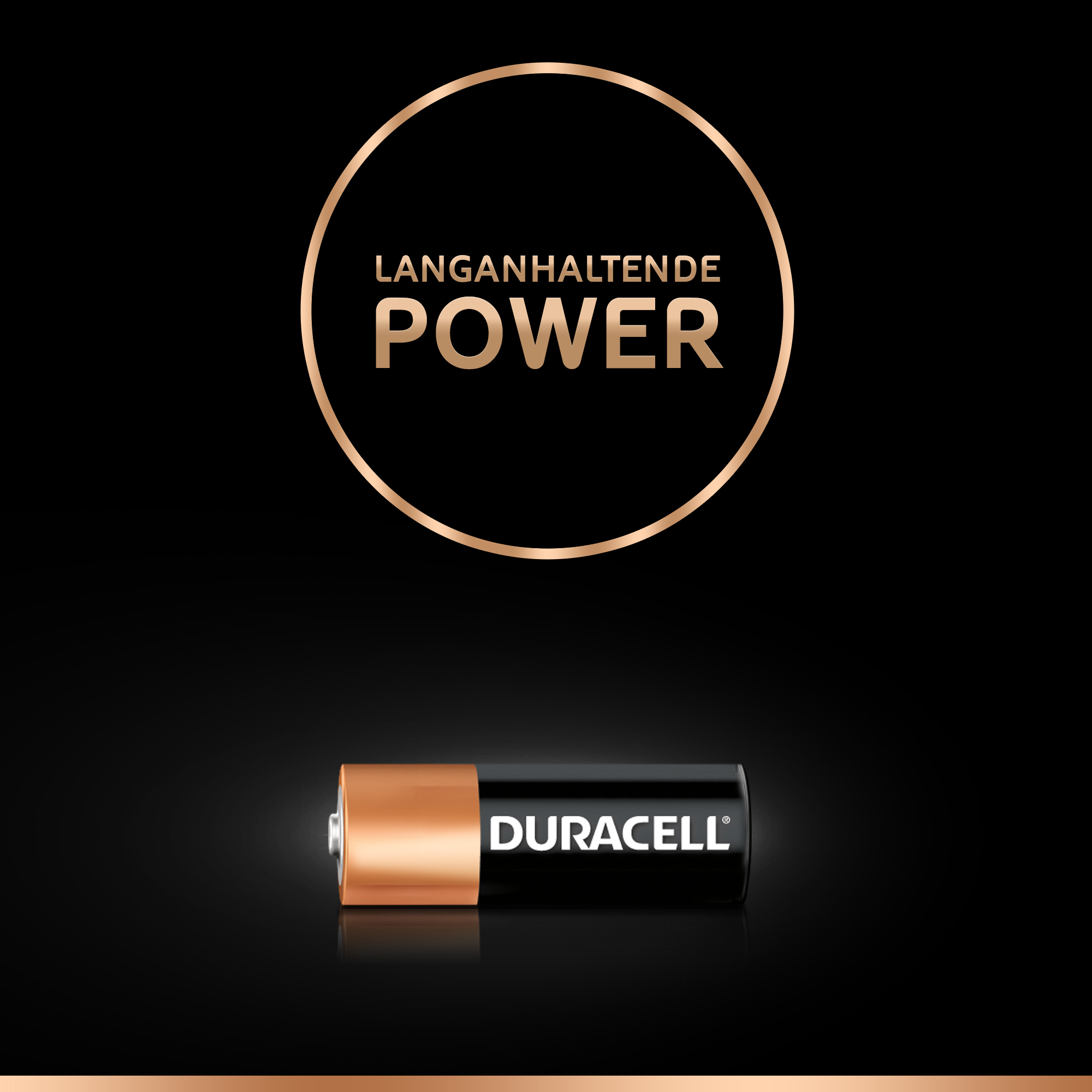 Pile Duracell. Schéma de couleurs noir et or, avec le logo Duracell et le texte 'Langanhaltende Power'.