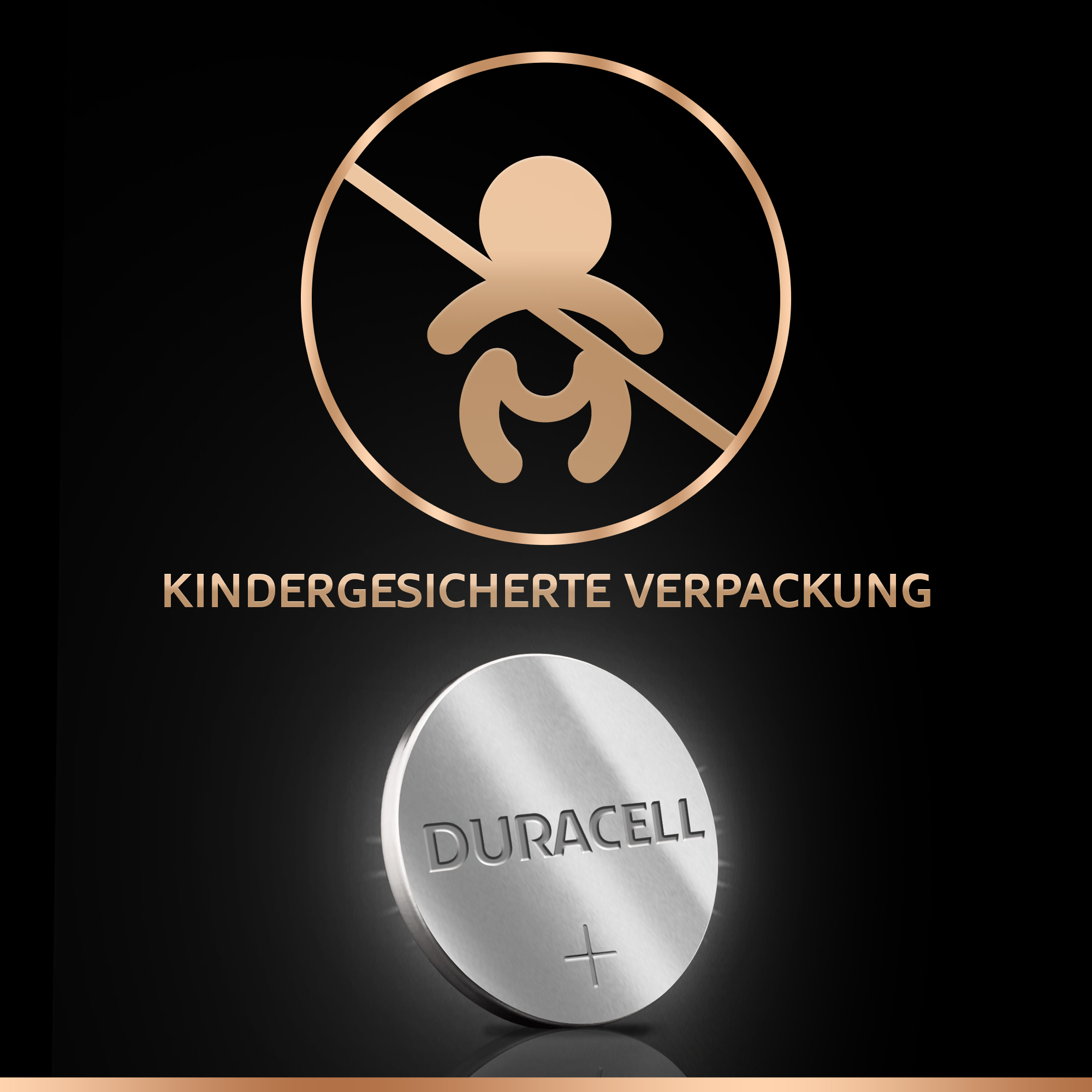Duracell-Batterie und Sicherheitssymbol, mit Text 'kindergesicherte Verpackung'.