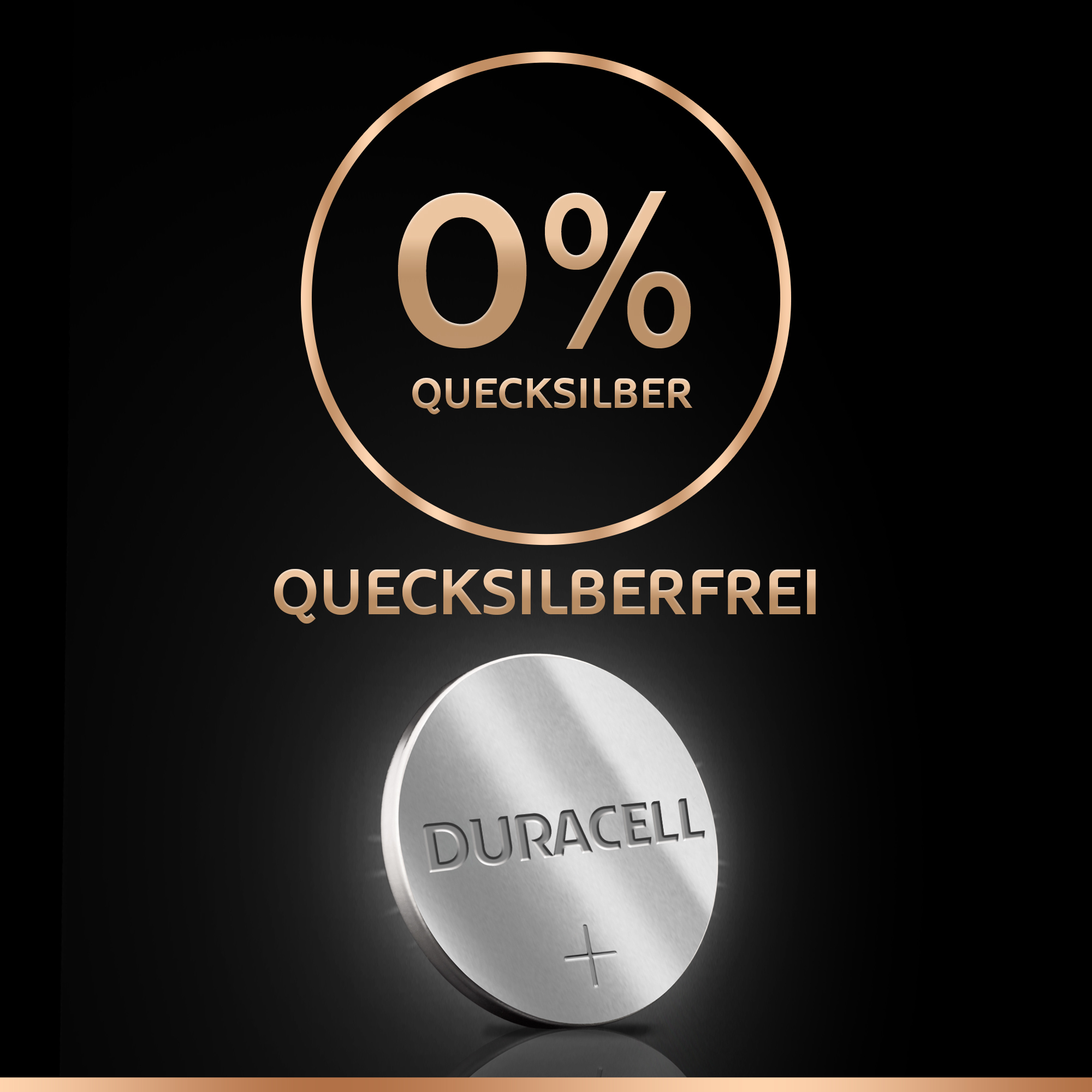 Duracell Knopfzelle mit 0% Quecksilber-Symbol und Text auf schwarzem Hintergrund.