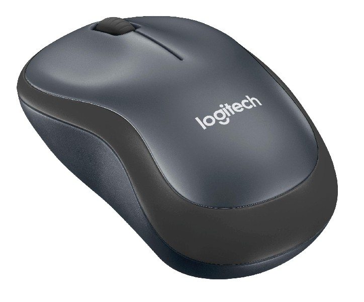 Ciemnoszara mysz Logitech. Ma czarną obwódkę i kółko przewijania. Góra jest szara.