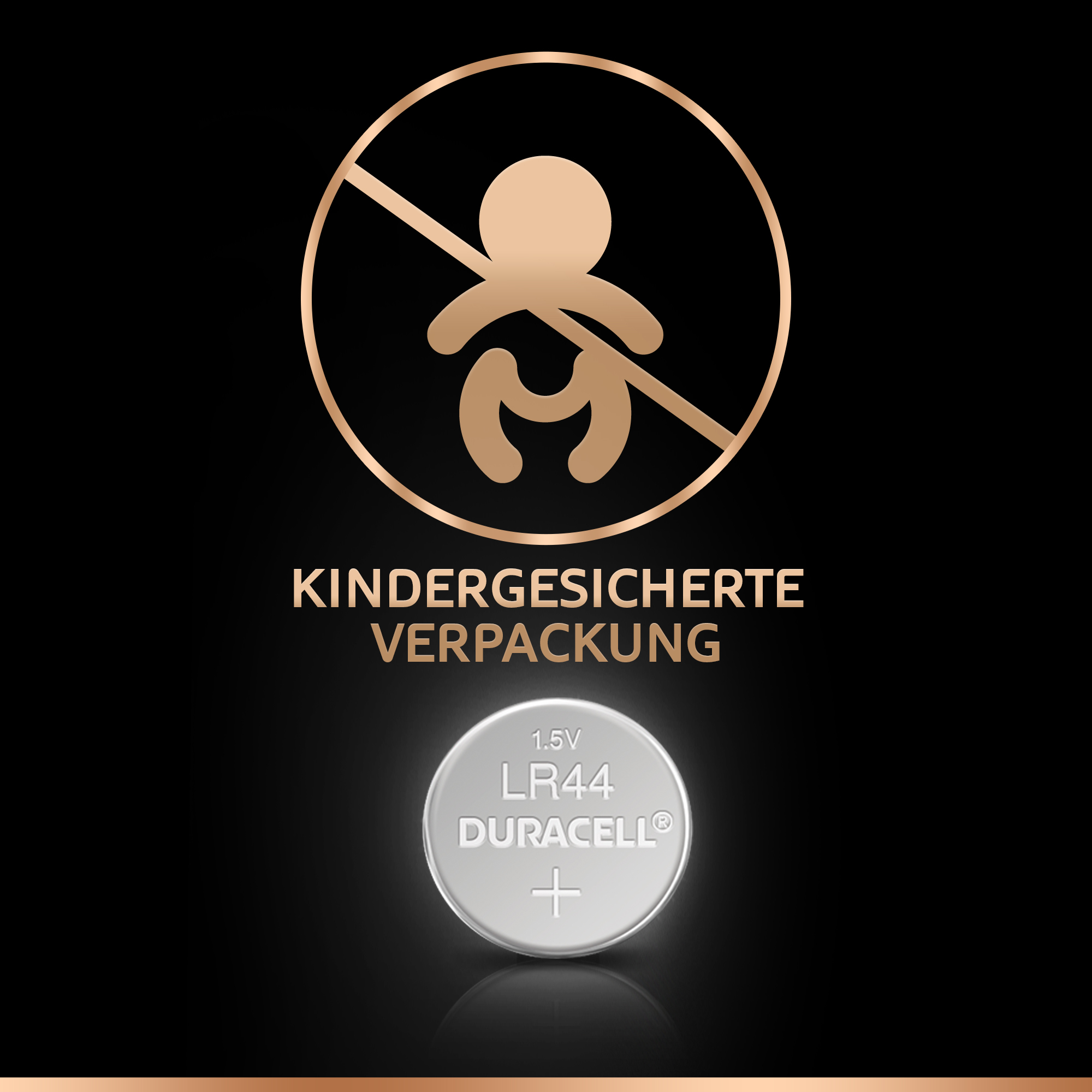Schwarzer Hintergrund mit einem Kindersicherheitszeichen und einer Duracell-Batterie. Text: Kindergesicherte Verpackung.