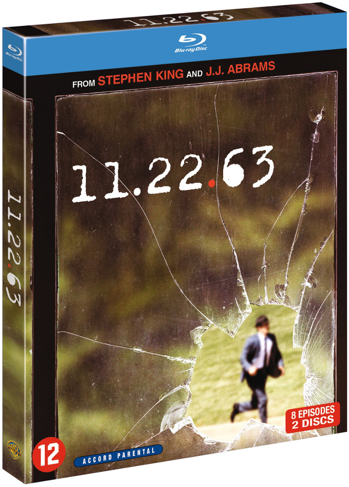 Boîtier DVD de 11.22.63, histoire de Stephen King. Effet de verre brisé. Texte et image visibles.