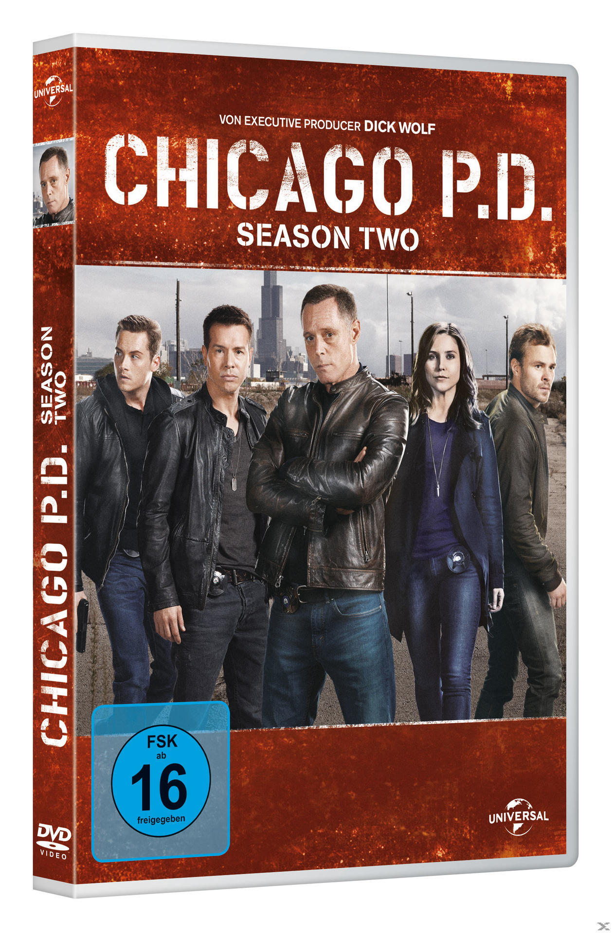 Chicago P.D. Staffel Zwei DVD-Cover. Zeigt fünf Personen in einer Reihe, Skyline im Hintergrund.