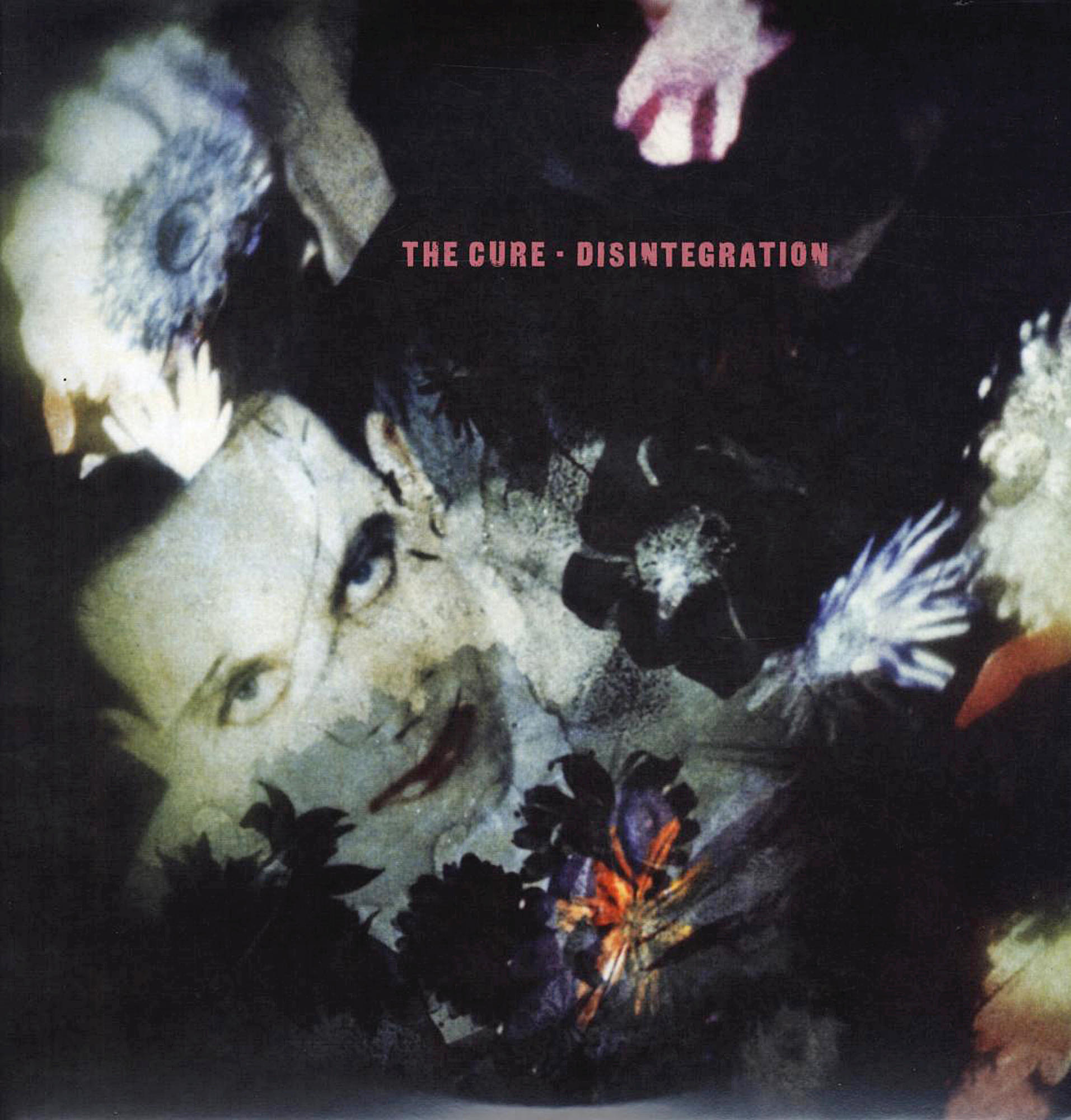 Albumcover: Gesicht in Blumen mit dem Titel "Disintegration" von The Cure.