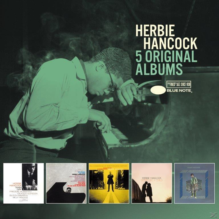Albumcover, Herbie Hancock spielt Klavier, darunter Albumcover.