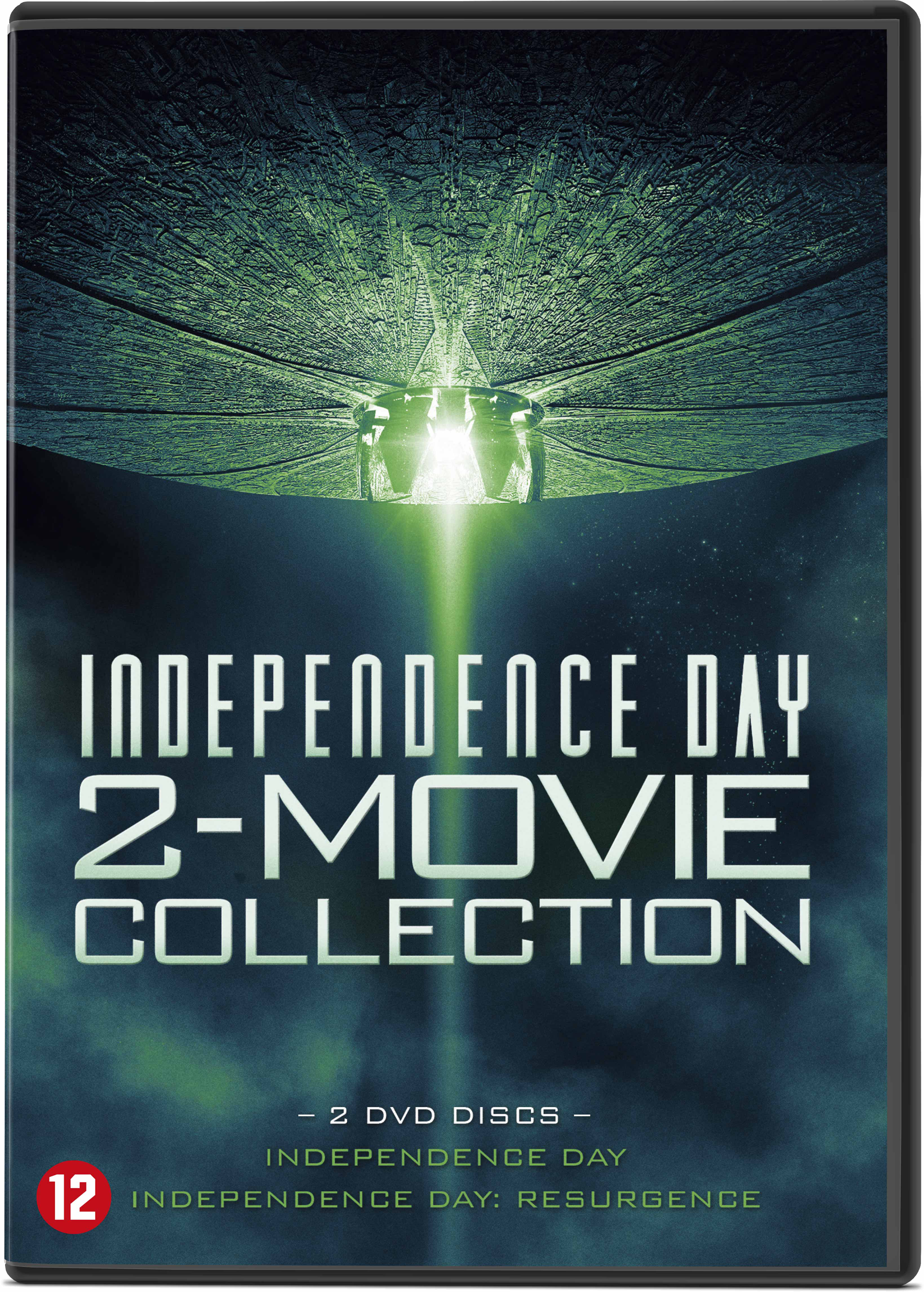 DVD-hoes voor 'Independence Day 2-Movie Collection' met een donkere alienschipscène.