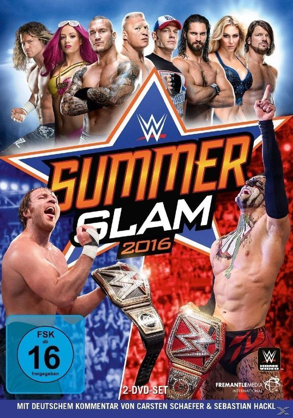 DVD-Cover mit Wrestling-Stars, Titel Summer Slam 2016, und die Bewertung ist 16. Zwei Wrestler halten Gürtel.