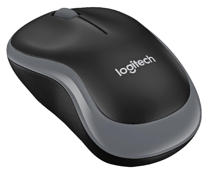 Czarna i szara mysz Logitech z rolką przewijania na białym tle.