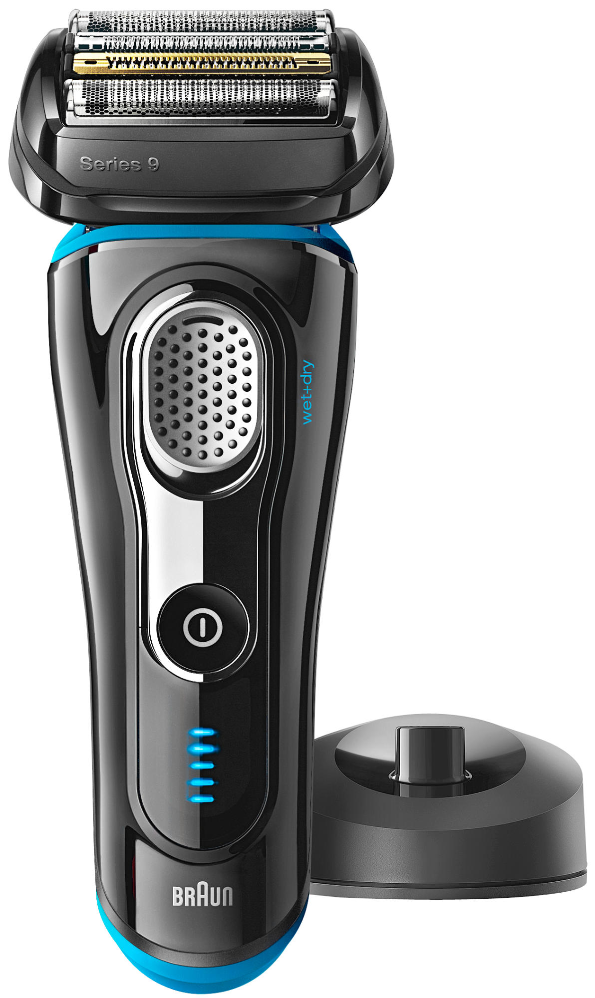Afeitadora - Braun Series 9 9240s, Wet&Dry, Cinco elementos de corte, Base de carga, Negro y azul