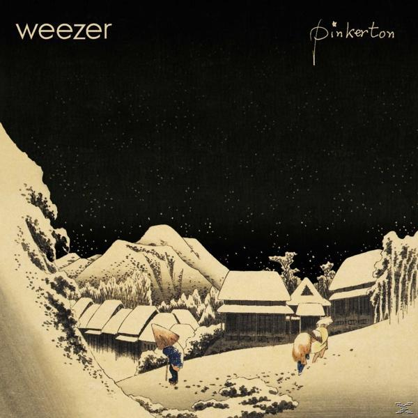 Albumcover: Weezer's 'Pinkerton'. Schneebedecktes Dorf, Berge im Hintergrund, sternenübersäter Nachthimmel.