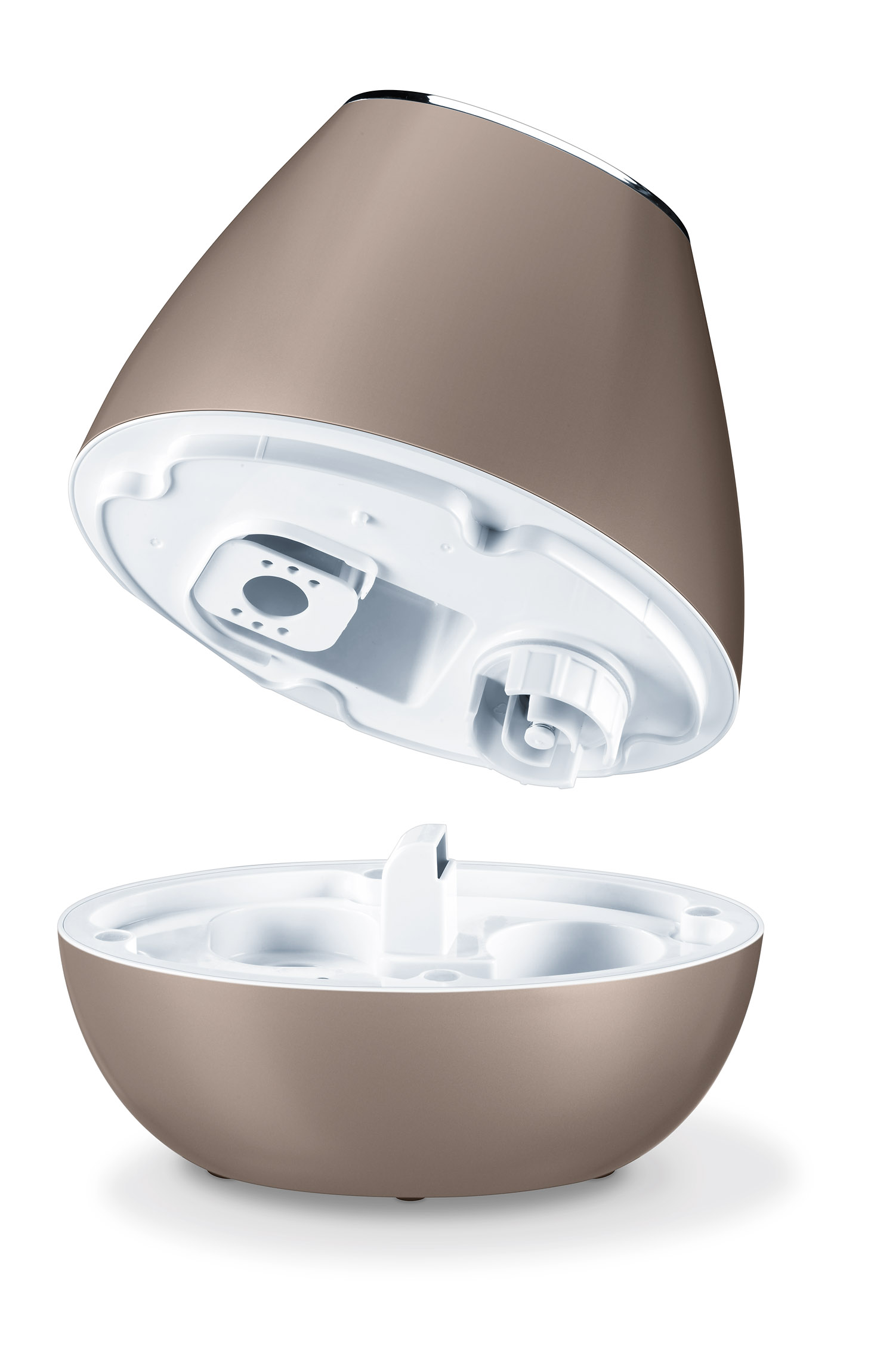 Umidificatore in due parti, marrone e bianco, con sfondo bianco.