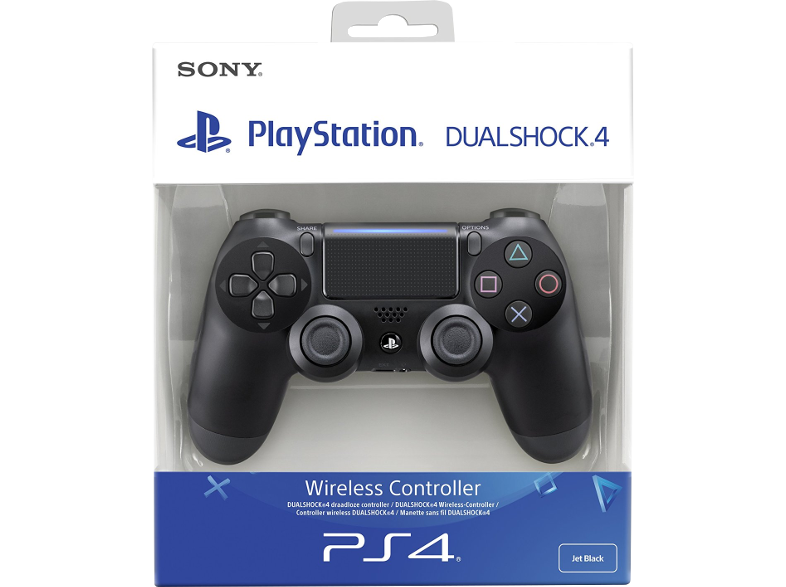 PlayStation 4 DualShock 4 vezeték nélküli vezérlő. Fekete vezérlő átlátszó műanyag tokban. A doboz fehér.
